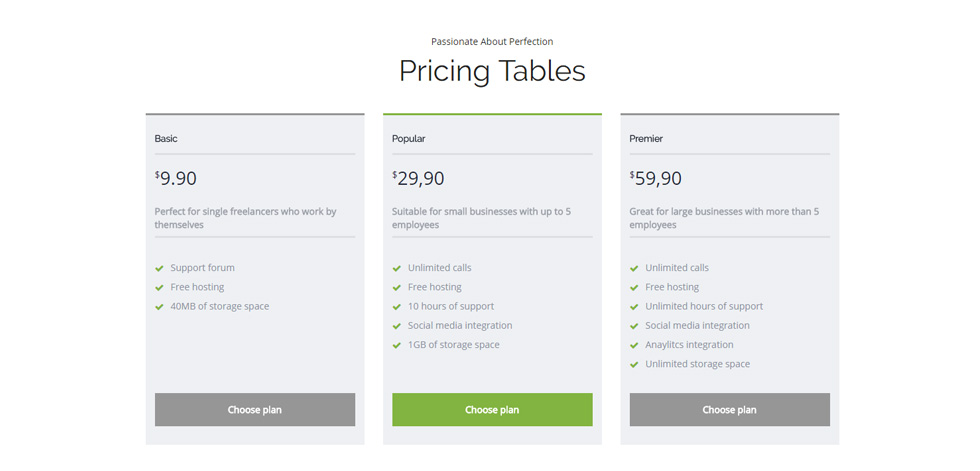 Pricing tables