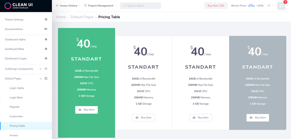 Pricing tables