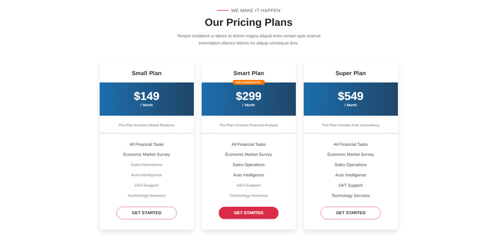 Pricing tables