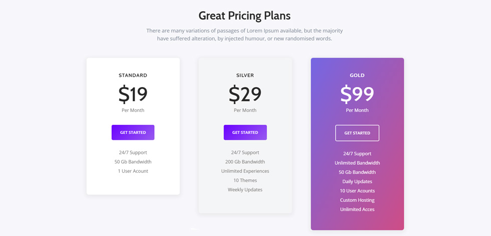 Pricing tables
