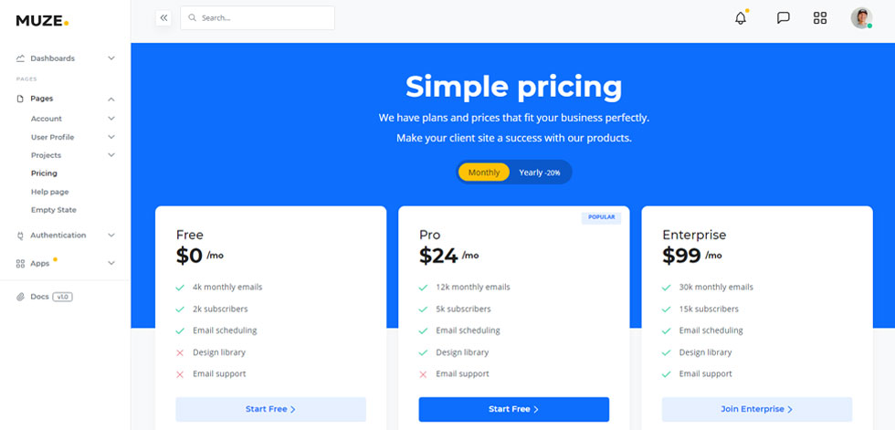 Pricing tables