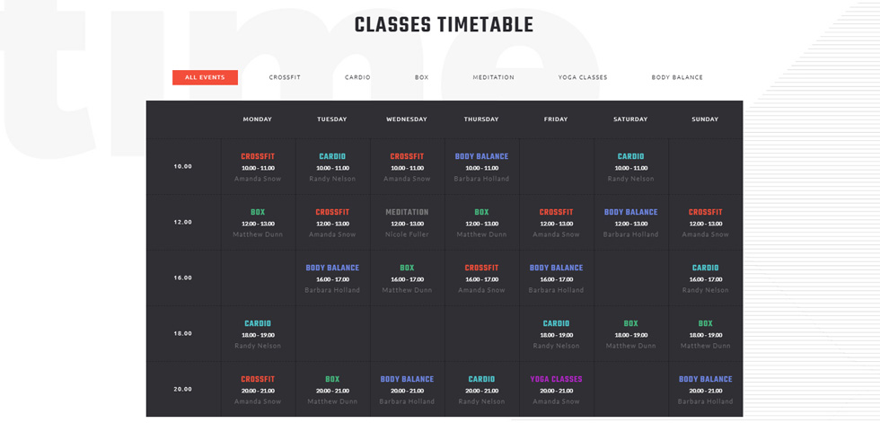 Classes timetable