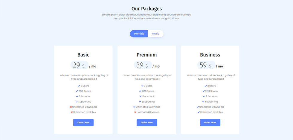 Pricing tables