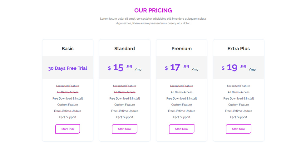 Pricing tables