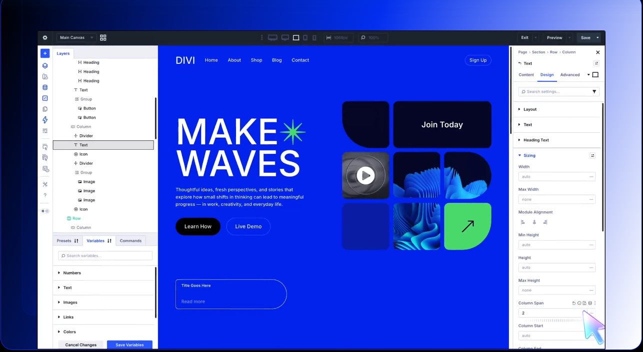 Divi 5 Visual Builder with the layers panel, design variables and settings panel