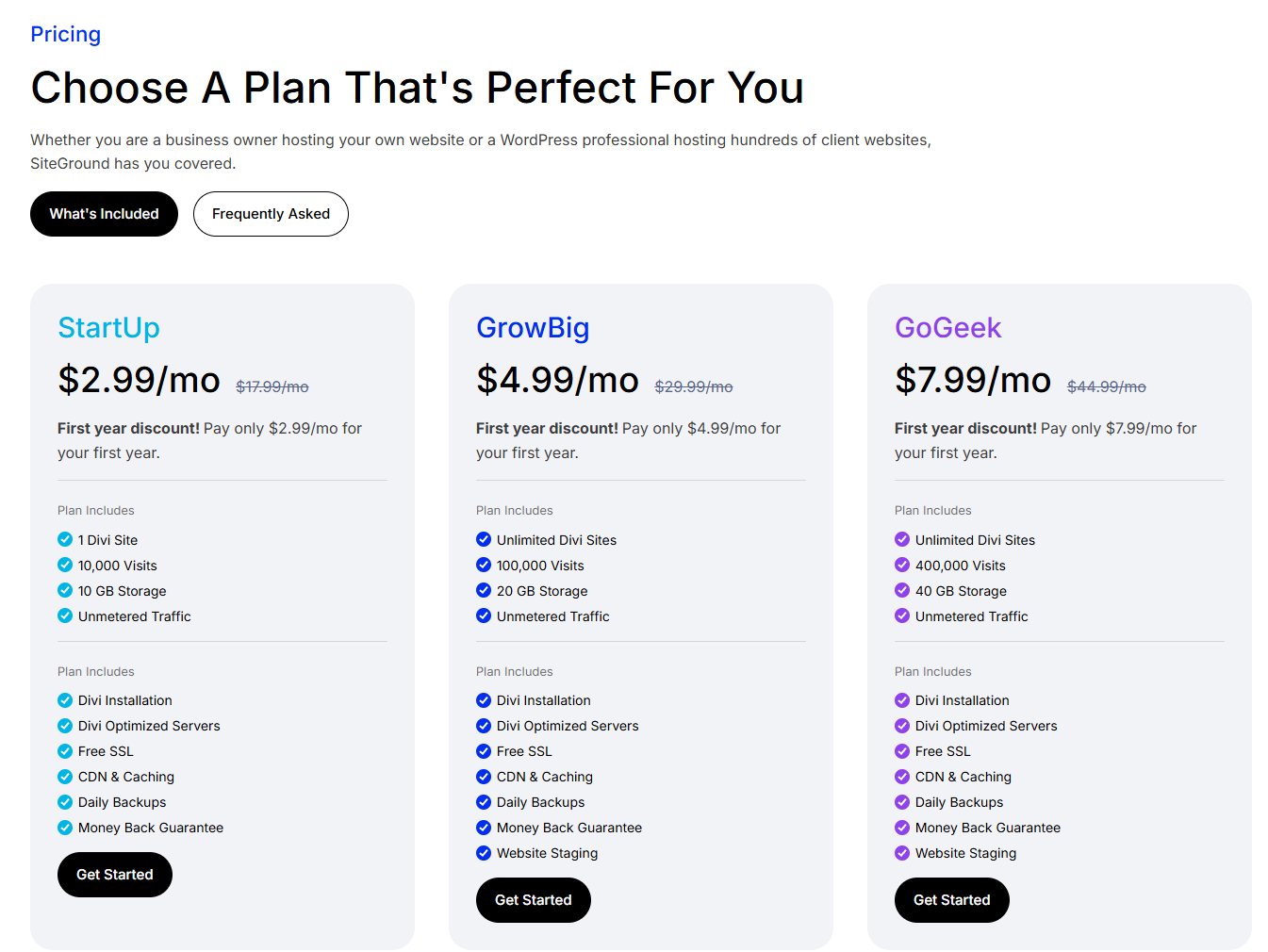 Divi Hosting by SiteGround plans with first-year and regular monthly prices