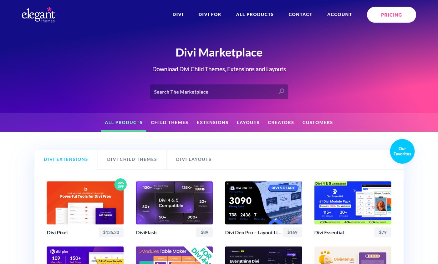 Divi Marketplace with Divi extensions, child themes and layouts and their prices
