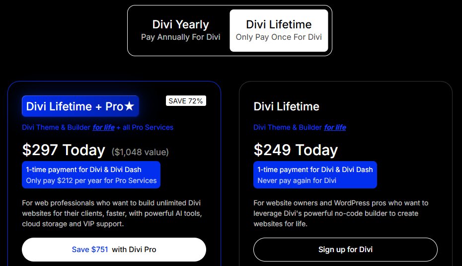 Divi Lifetime pricing at $249 and Divi Lifetime plus Pro at $297