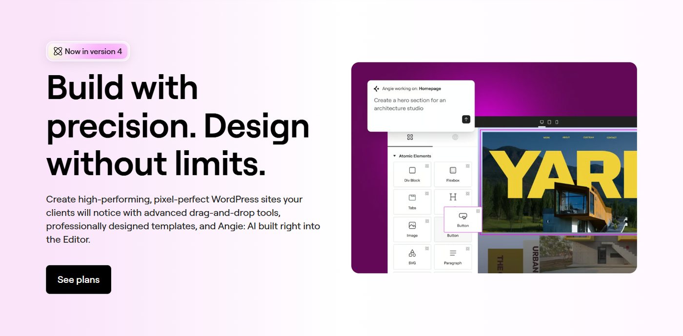 Elementor Editor V4 with atomic elements panel and Angie AI prompt