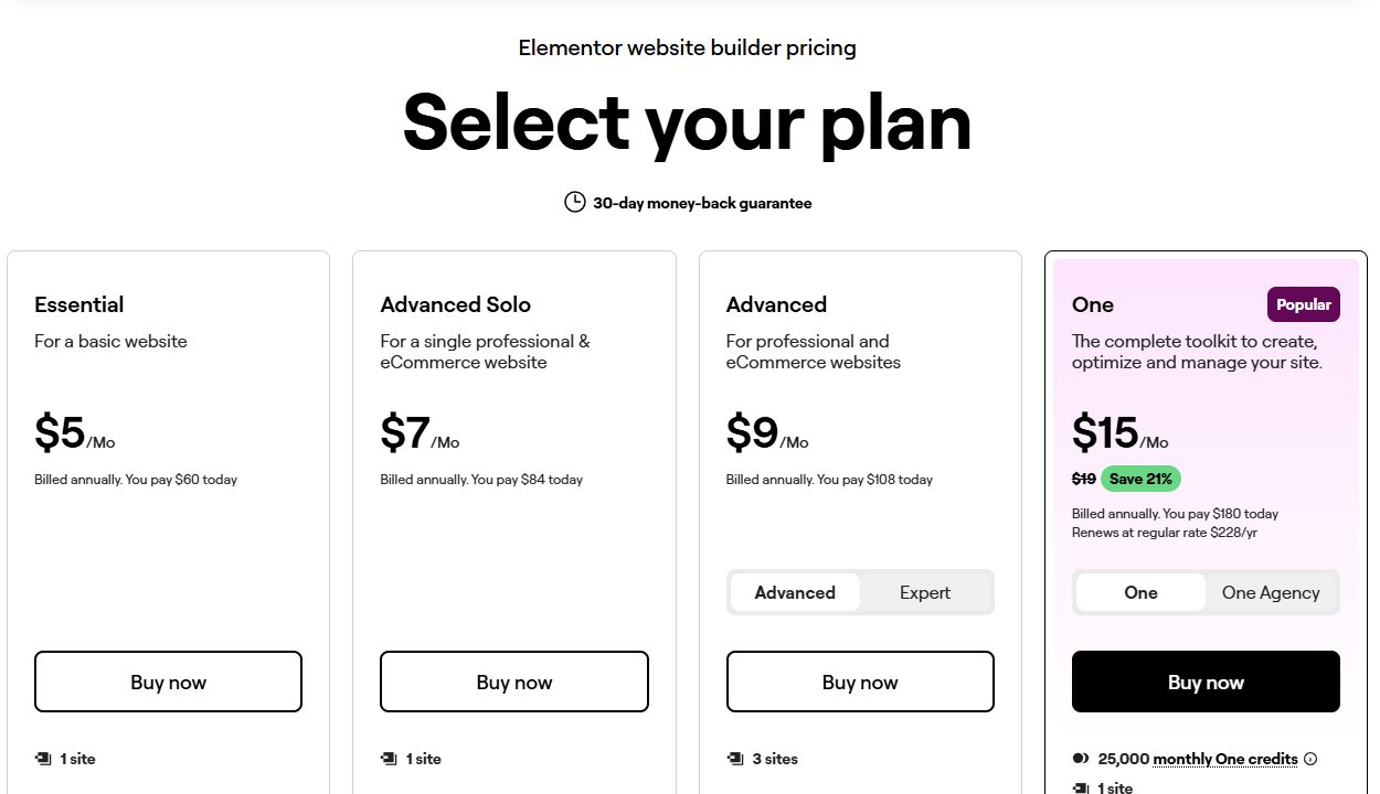 Elementor pricing page in US dollars with Essential, Advanced Solo, Advanced and One plans