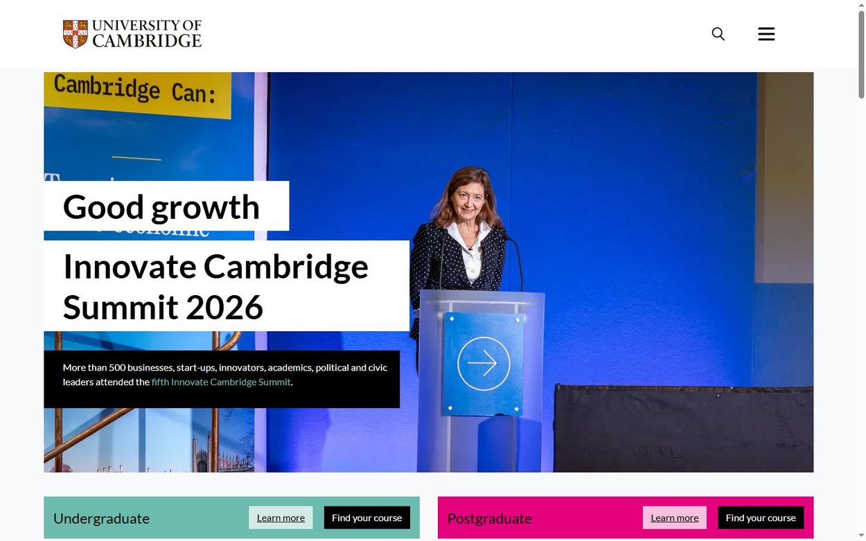 University of Cambridge home page, a Drupal 10 site with a framed news story and colored study links