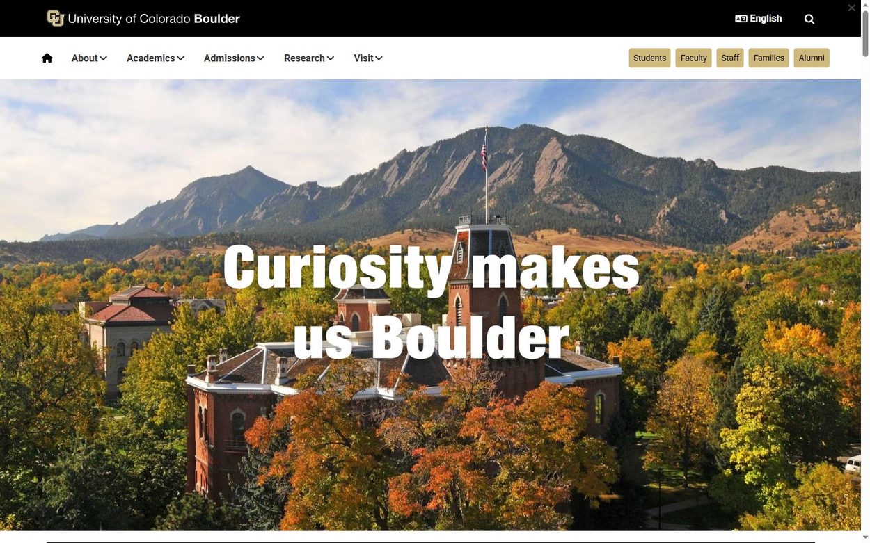 University of Colorado Boulder home page with a mountain campus photo and Curiosity makes us Boulder headline