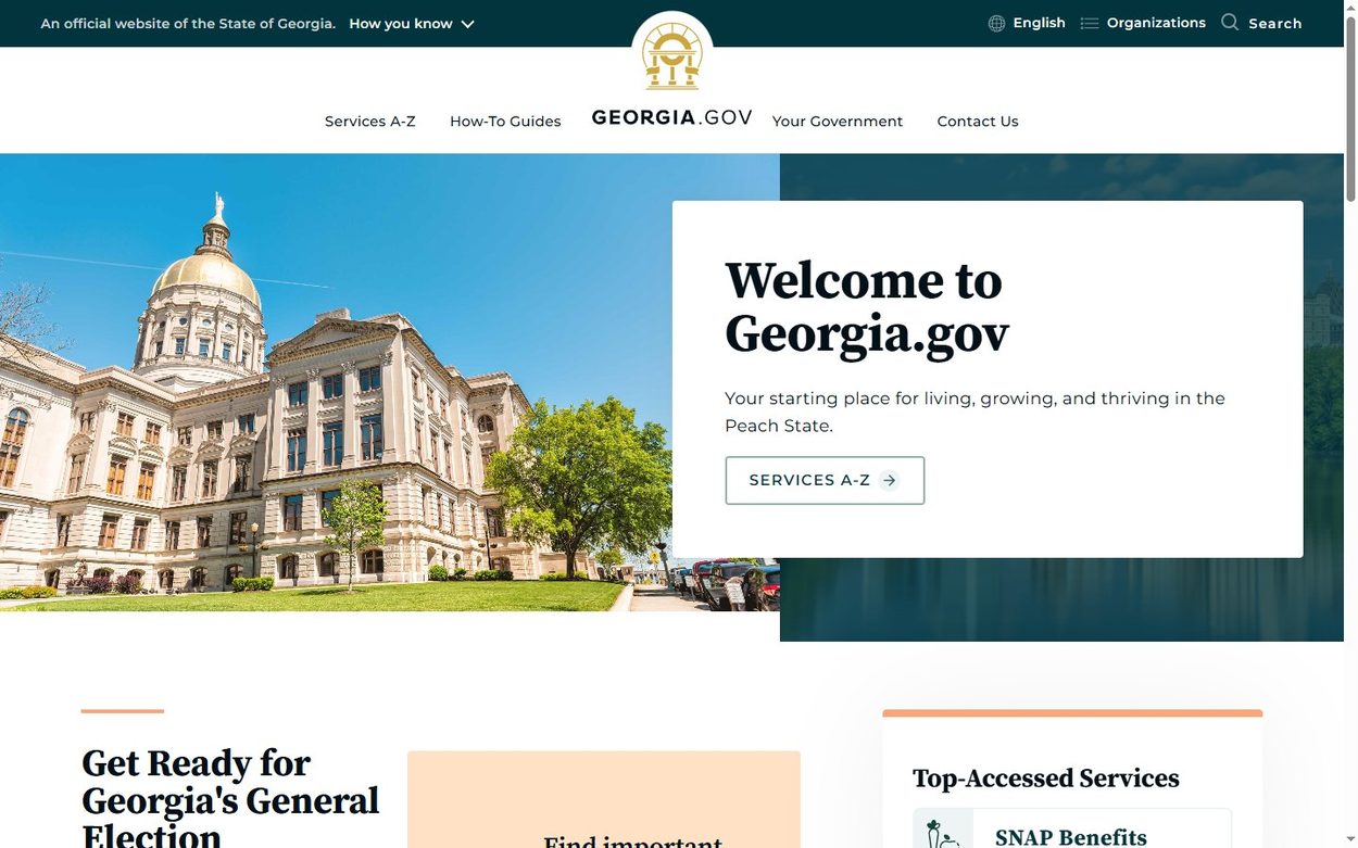 Georgia.gov home page, a Drupal 10 site with the state capitol photo and a Services A-Z button