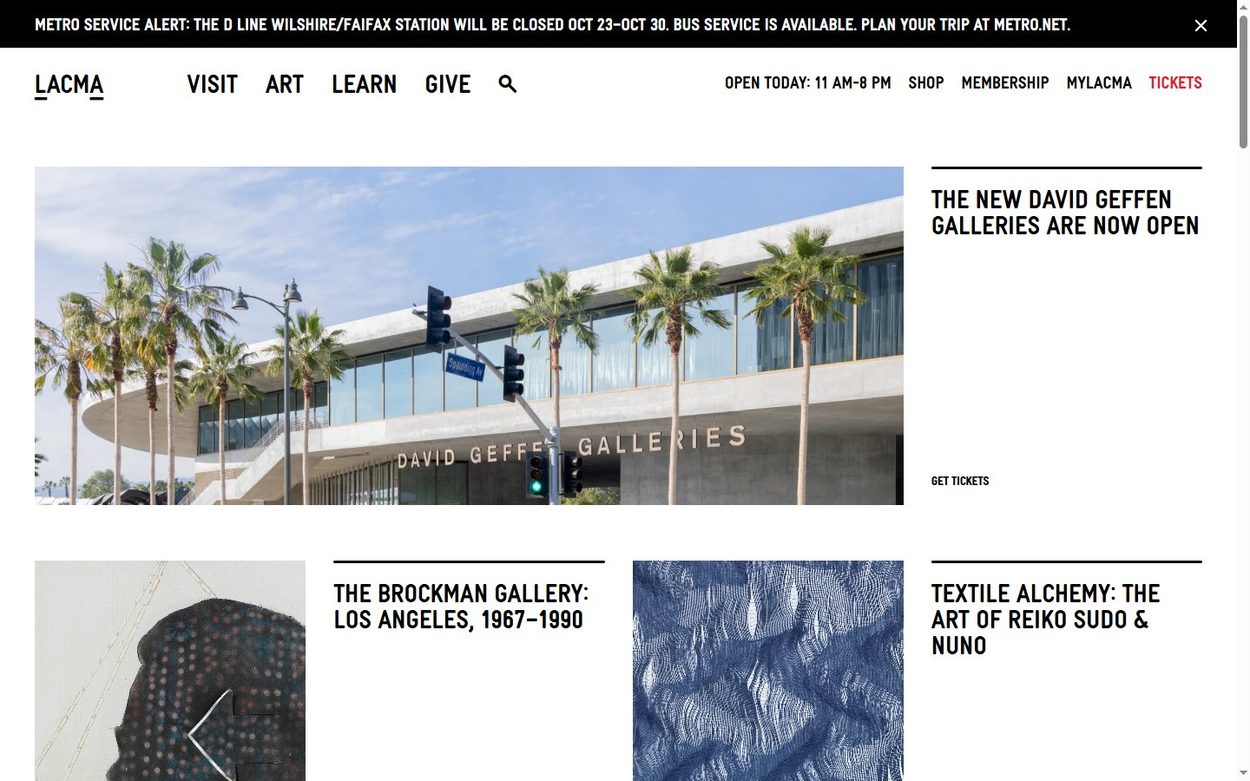 LACMA home page, a Drupal 11 site with a magazine style exhibition grid