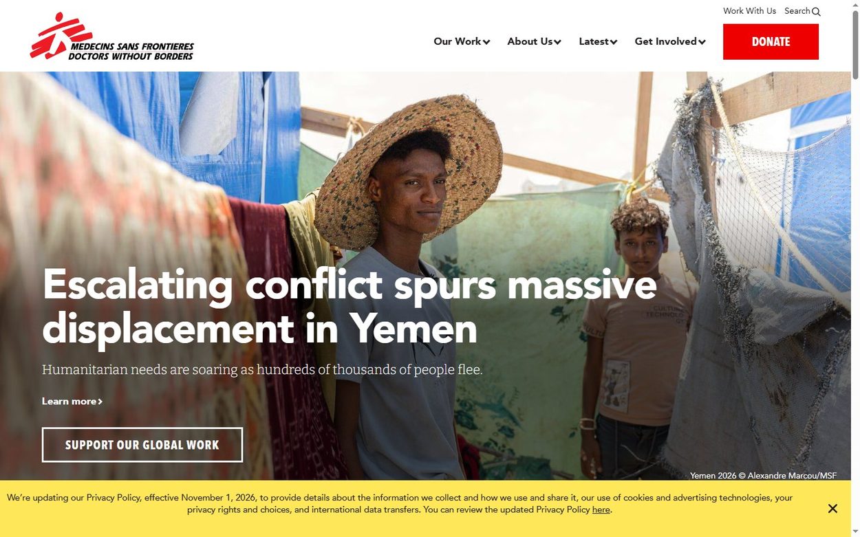 Doctors Without Borders USA home page, a Drupal 11 site with a documentary photo and red Donate button