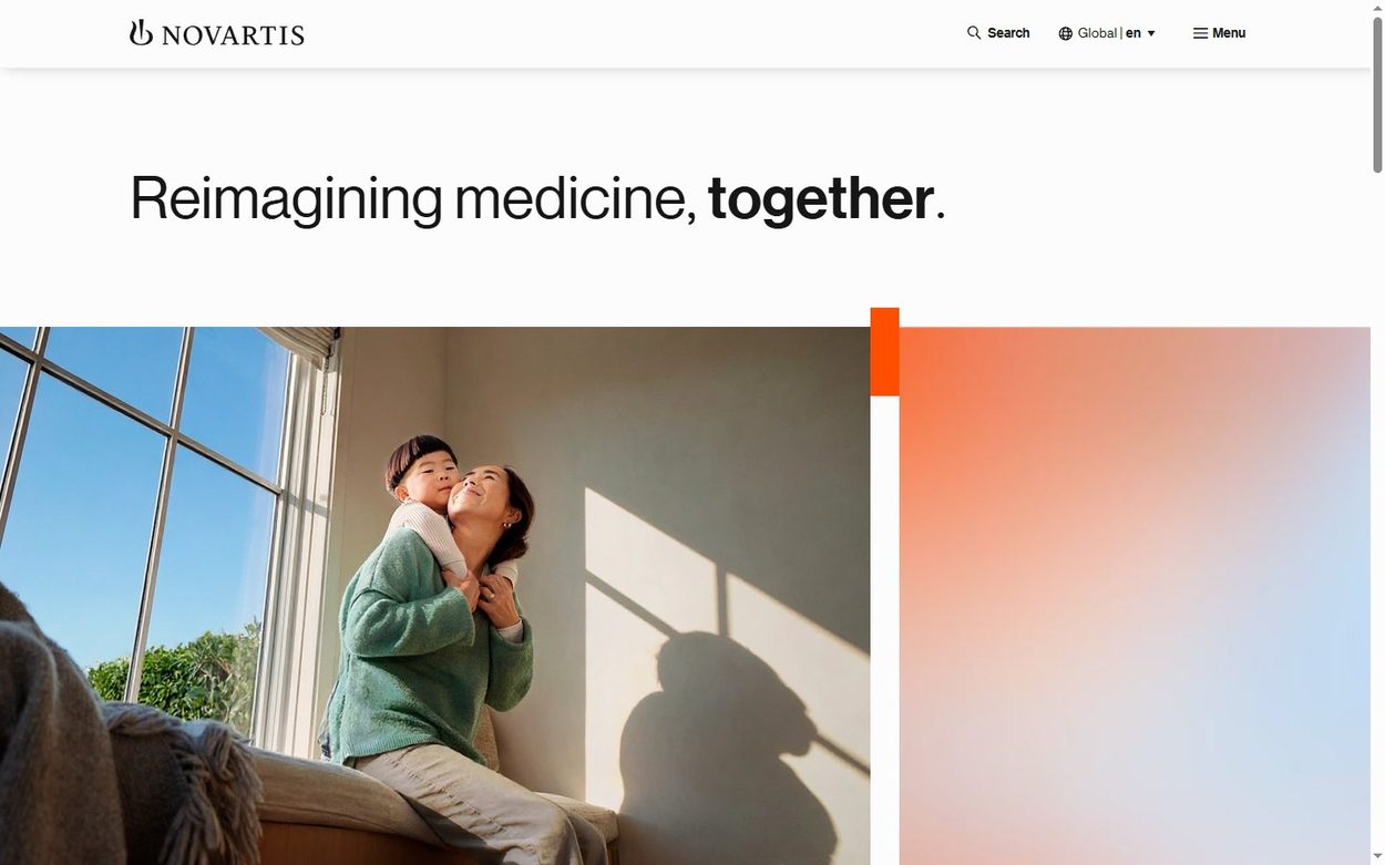 Novartis home page with the headline Reimagining medicine, together and a large family photo