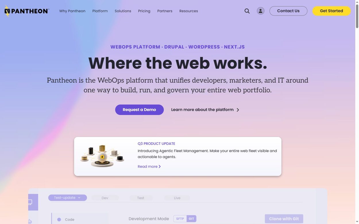Pantheon home page, a Drupal 11 site with a soft purple gradient and Where the web works headline
