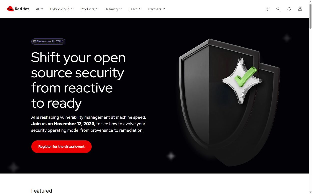Red Hat home page, a Drupal 10 site with a black hero and red call to action