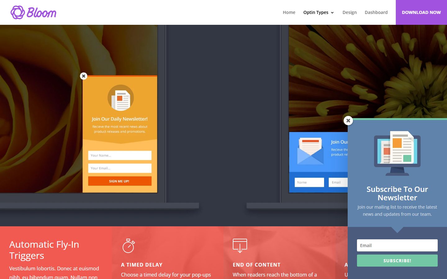 Bloom fly-in opt-in form sliding in on the live demo