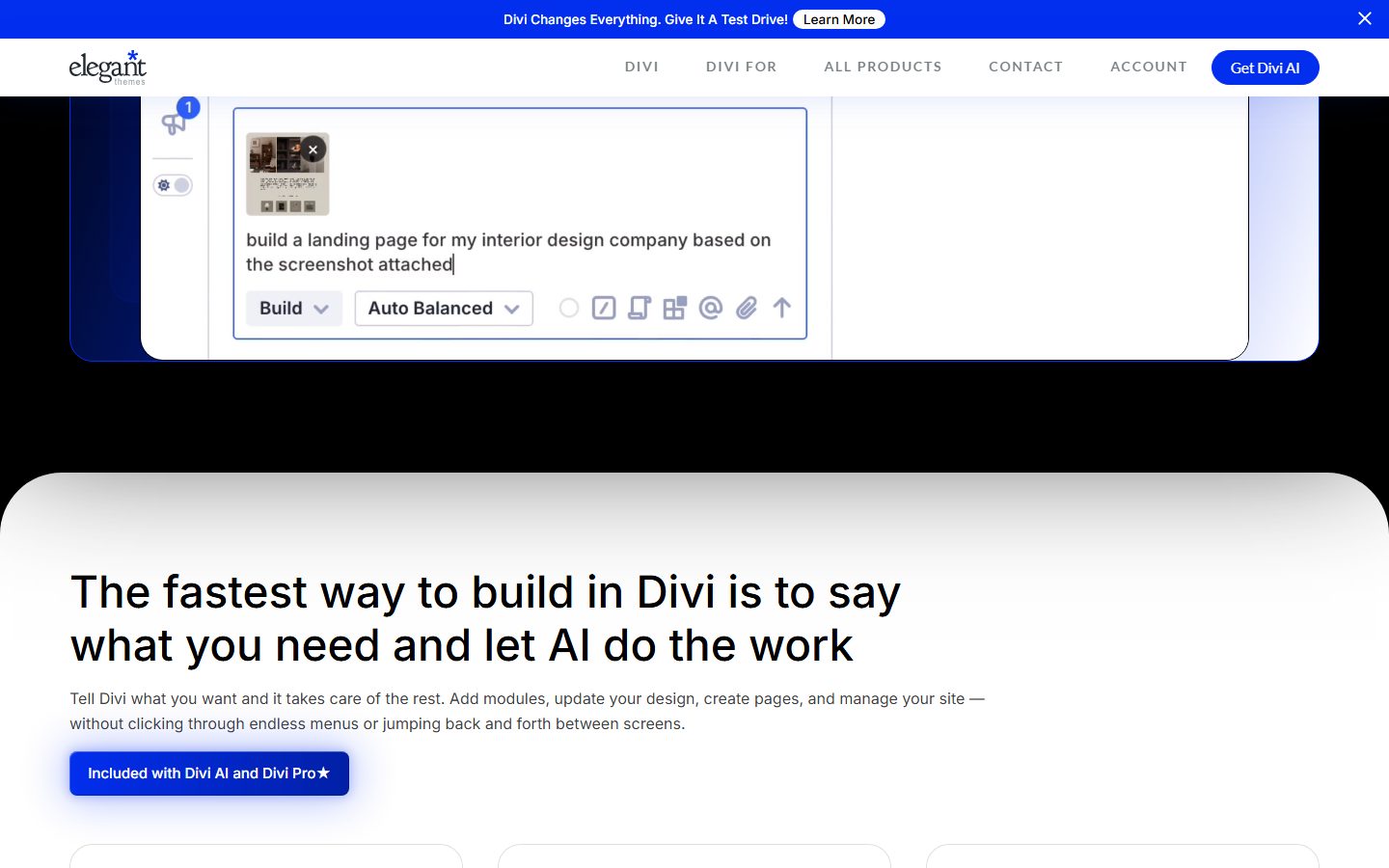 Divi AI Agent prompt window building a landing page from a screenshot
