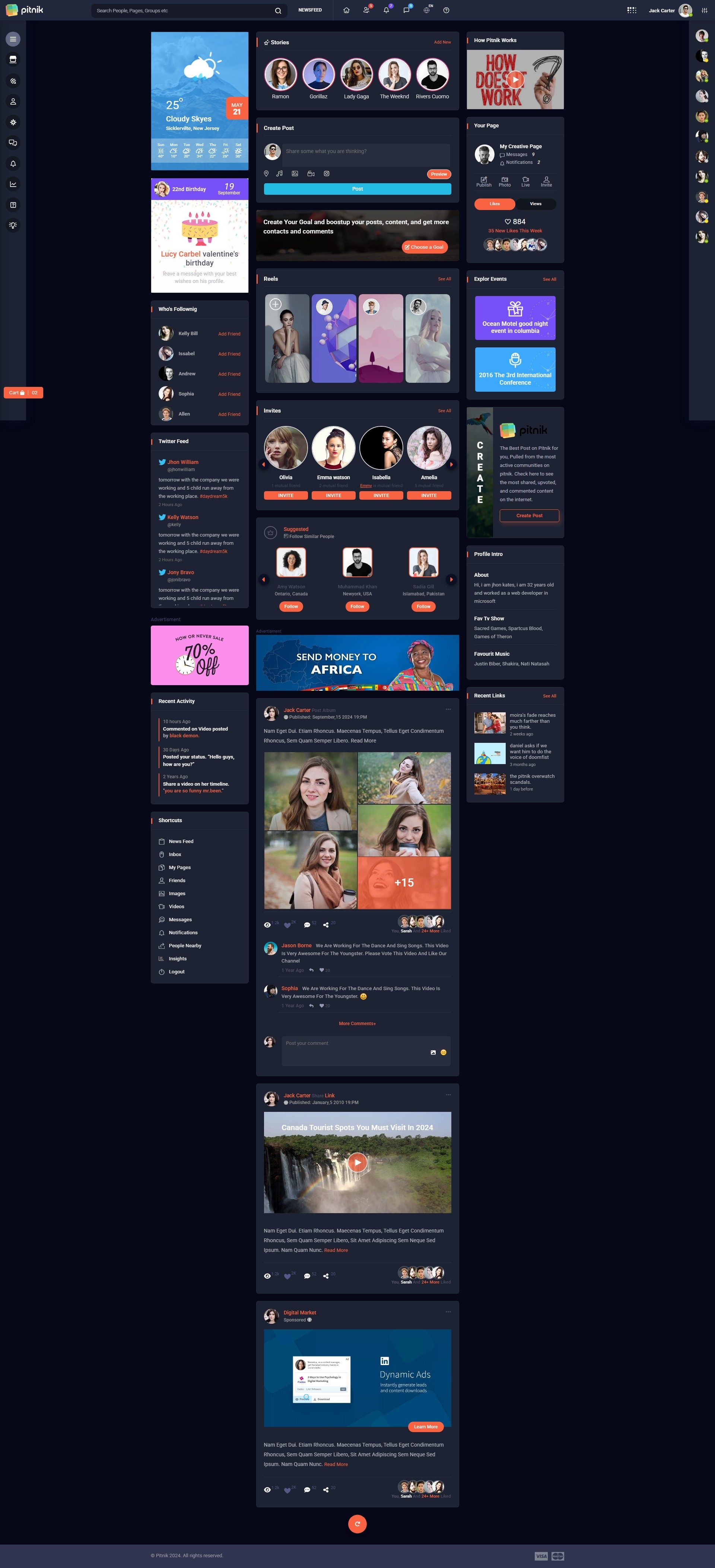 Pitnik Dark Mode Social Network HTML Template