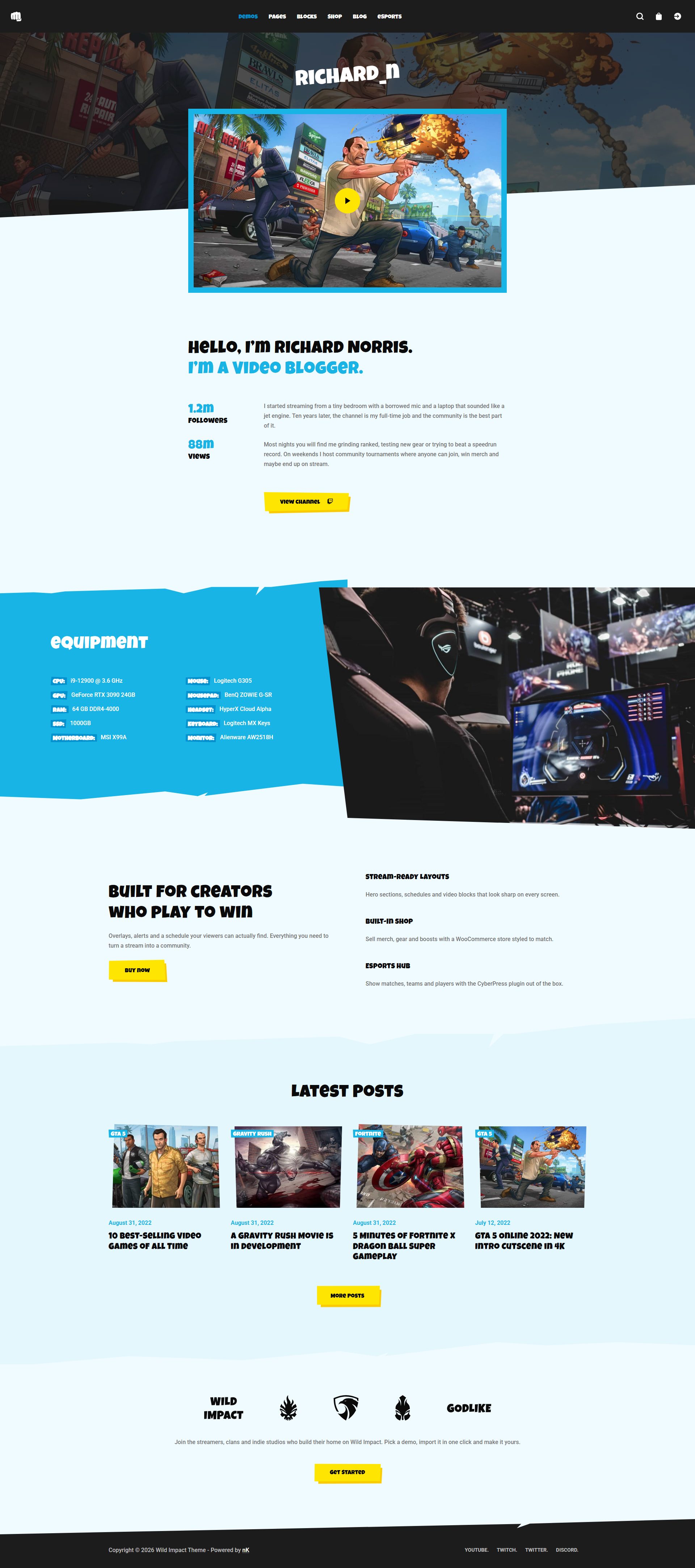 Wild Impact – Premium Responsive Streamer Gaming WordPress Theme theme — Desktop preview