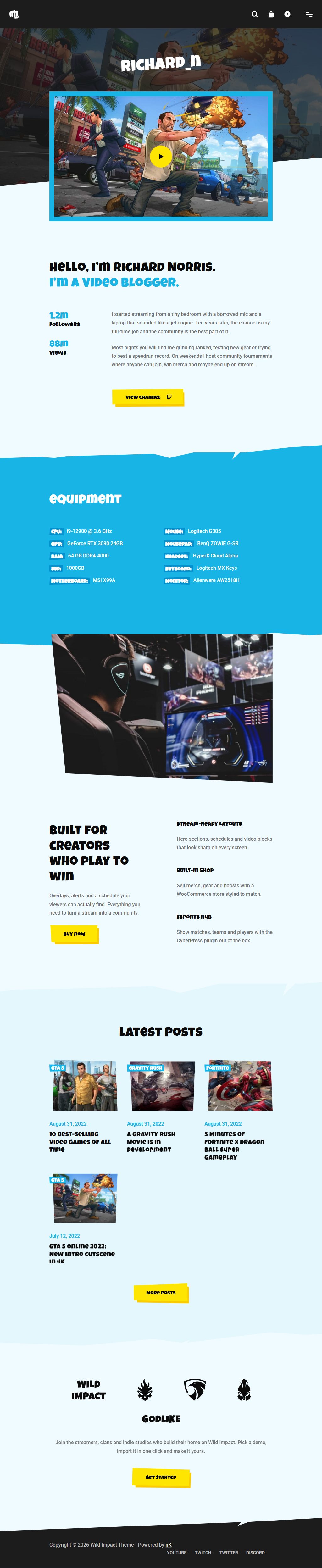 Wild Impact – Premium Responsive Streamer Gaming WordPress Theme theme — Tablet preview