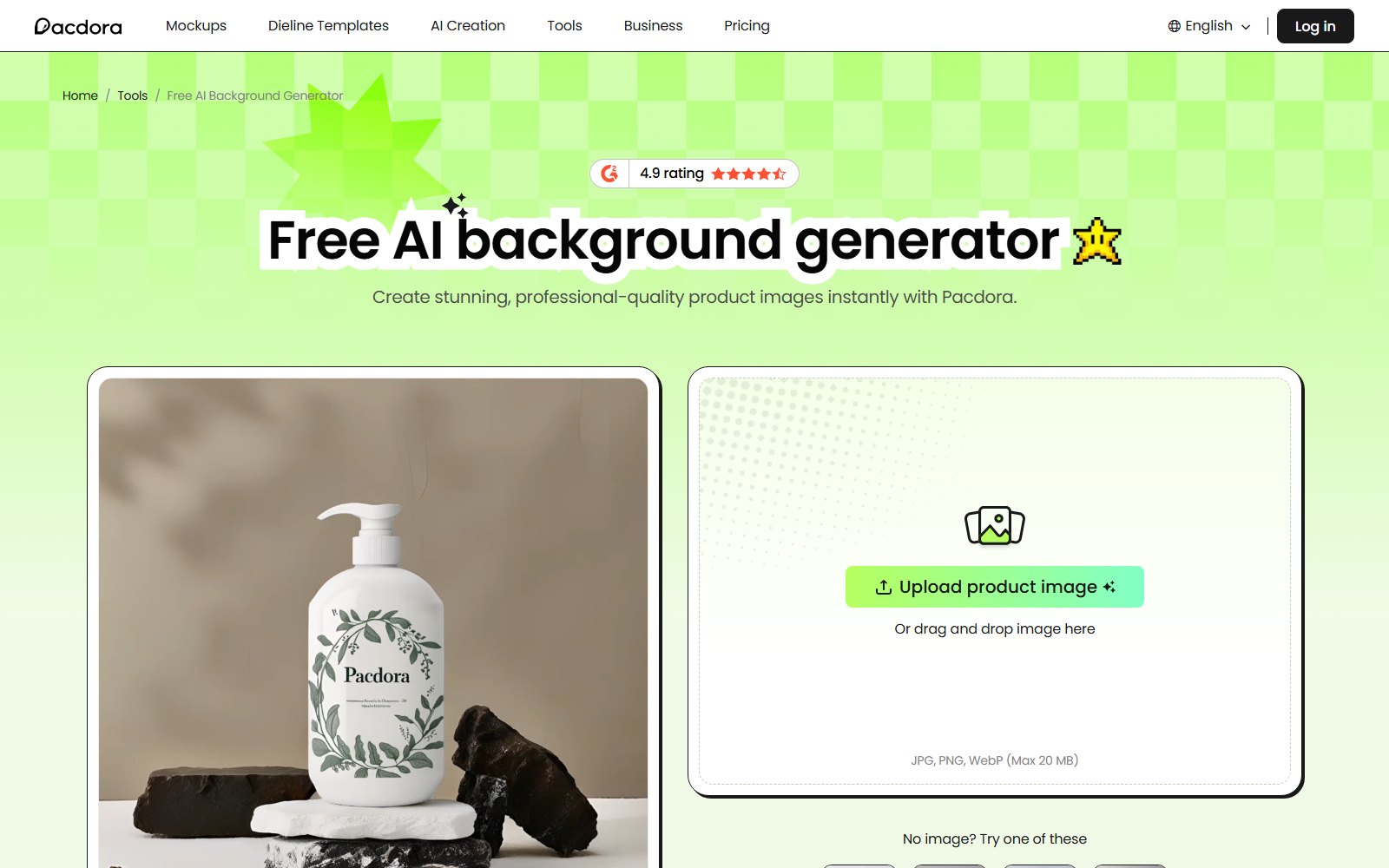 Pacdora AI background generator with a bottle product shot placed on a generated stone background