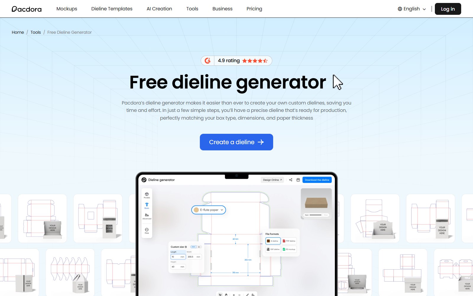 Pacdora dieline generator showing custom size fields, E-flute paper material and AI, PDF and DXF export options