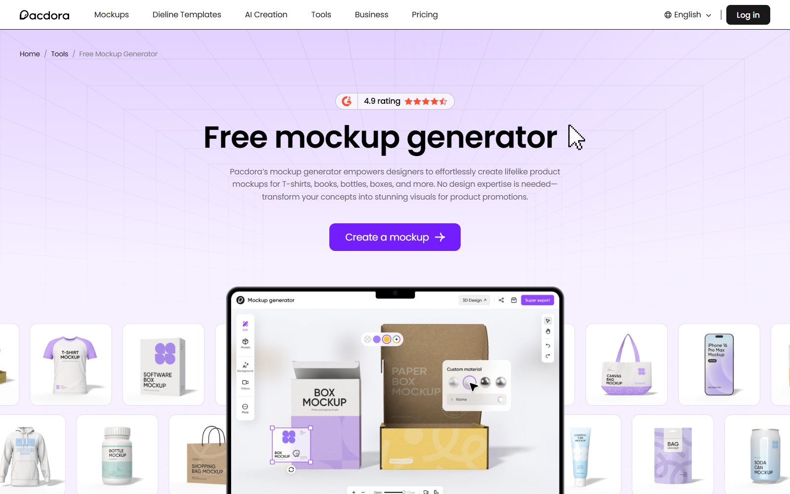 Pacdora mockup generator with two box mockups open in the 3D editor and a custom material panel