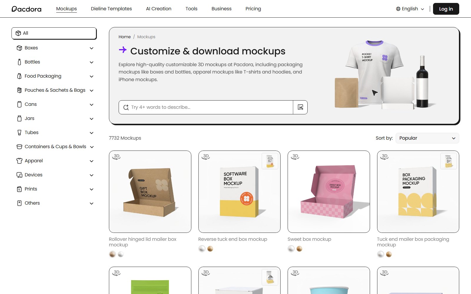 Pacdora mockup library grid with box, pouch, bottle and apparel mockups and category filters