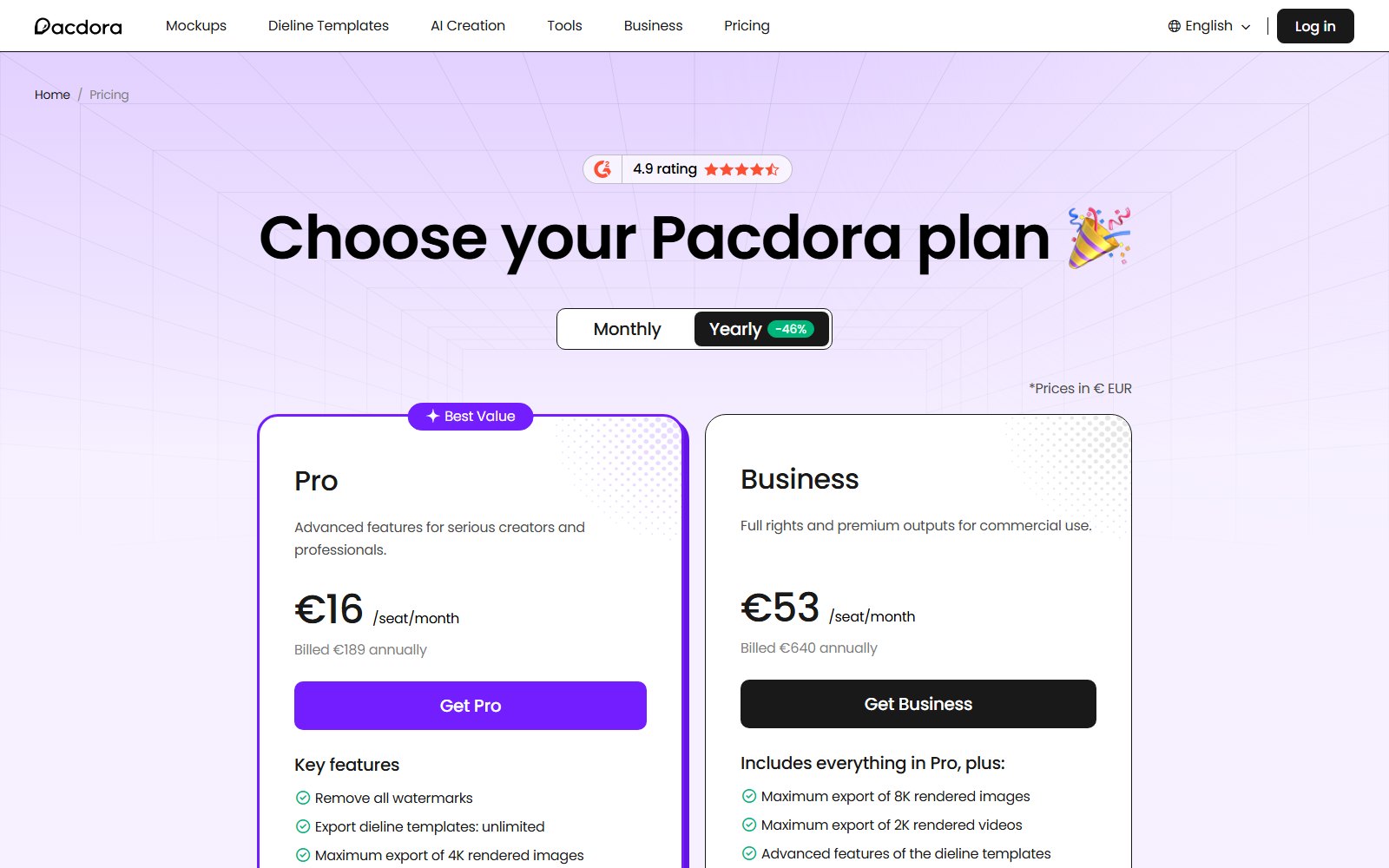 Pacdora pricing page showing the Pro plan at 16 euros and the Business plan at 53 euros per seat per month