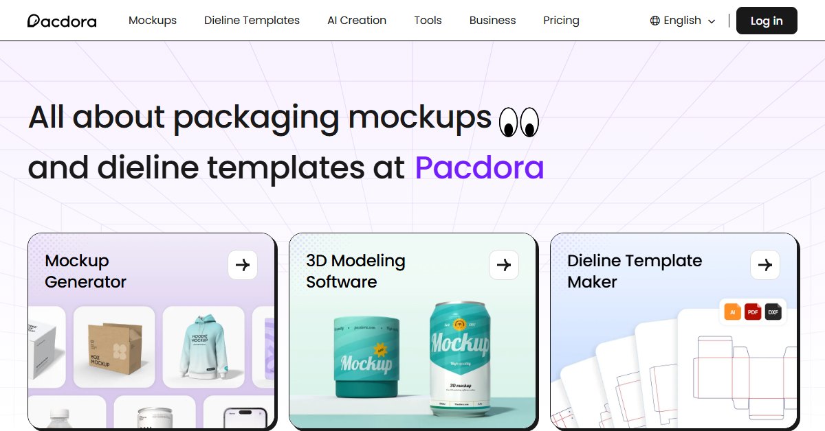 Pacdora homepage showing the mockup generator, 3D modelling software and dieline template maker