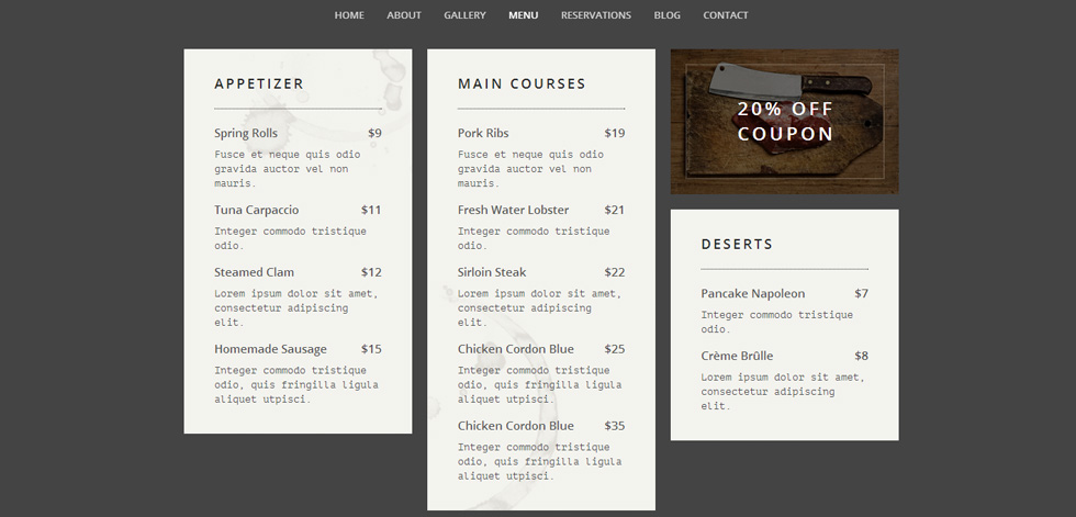 Menu page